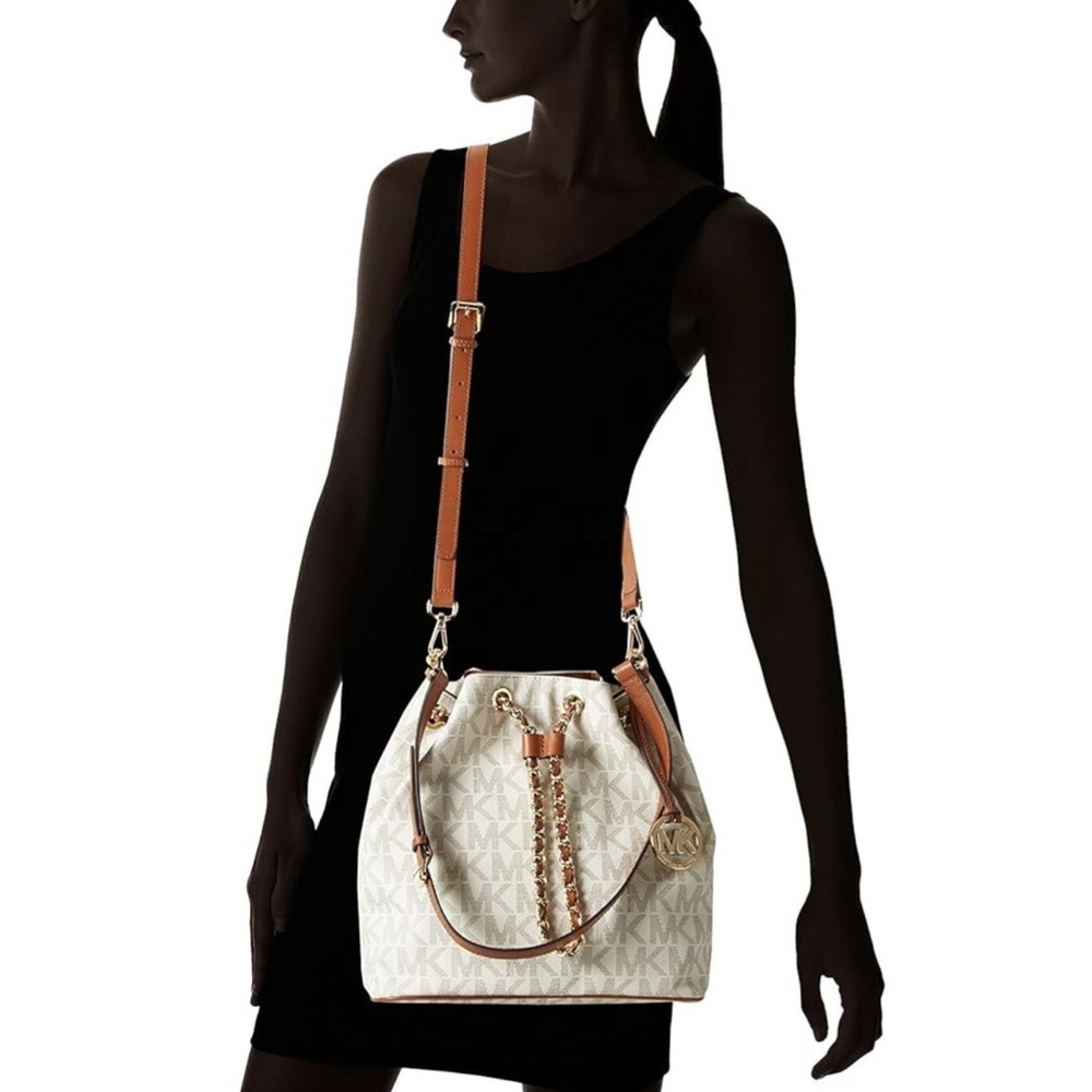 Michael‎ Kors Frankie MK logo chain drawstring purse white Tan Crossbody Strap